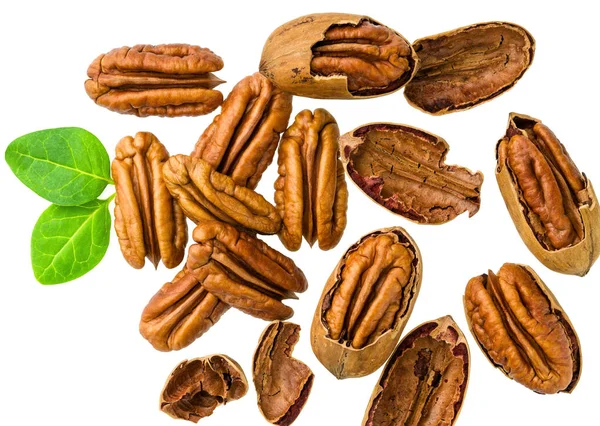 Tante Noci Pecan Crude Con Foglie Verdi Vista Dall Alto — Foto Stock