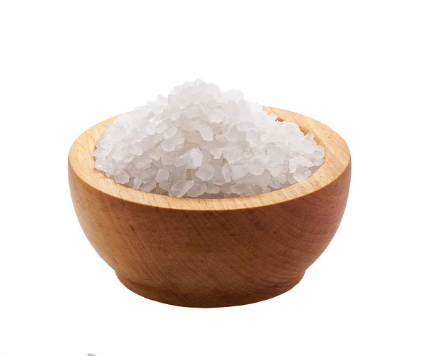 White Salt Crystals Wooden Bowl Isolated — Stock Photo, Image