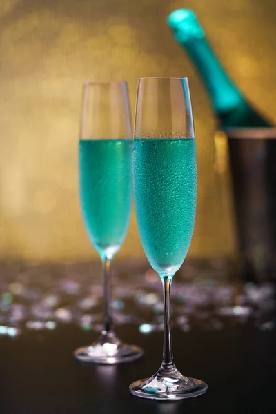 Exotic Blue Champagne Gold Bokeh Background Selective Focus Party Holiday — Stock Photo, Image