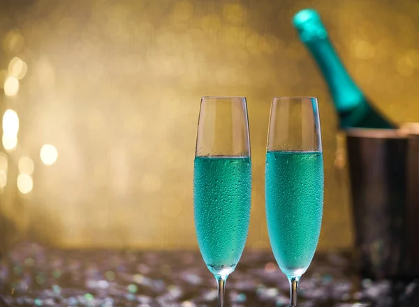 Exotic Blue Champagne Gold Bokeh Background Selective Focus Party Holiday — Stock Photo, Image