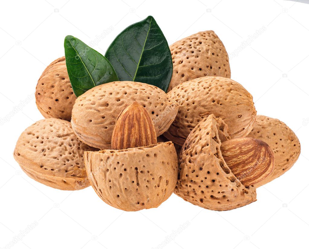 heap of almonds isolated on white background, macro shot