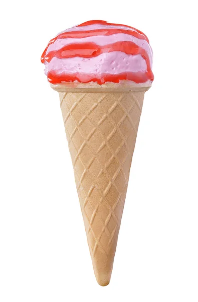 Pink Ice Cream Strawberry Sauce Waffle Cone Studio Shot — Stock Photo, Image