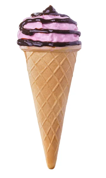 Рожеве Морозиво Шоколадним Сиропом Вафельному Конусі — стокове фото