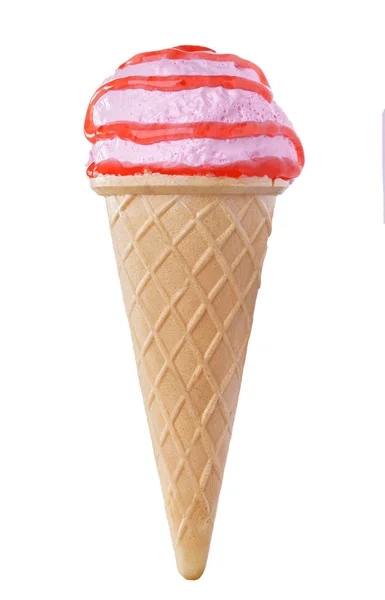 Sorvete Rosa Com Molho Morango Cone Waffle Tiro Estúdio — Fotografia de Stock