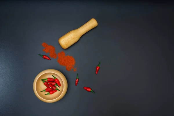 Red Pepper Chili Pods Powder Wooden Shovel Black Background Top — Stock Photo, Image