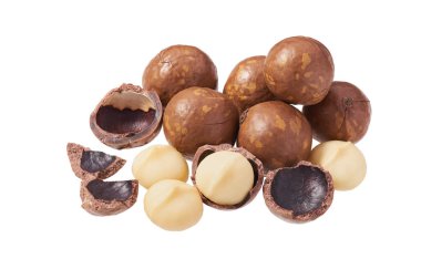 Beyaz arka plan üzerinde izole saflaştırılmış ve rafine edilmemiş macadamia fındık