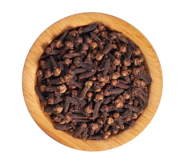 Cloves Wooden Bowl Isolated White Whole Cloves Top View — Stock Photo, Image