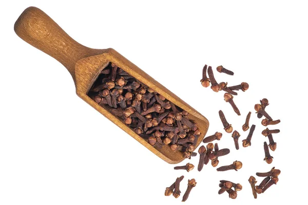 Dried Cloves Wooden Spoon Isolated White Background Top View — Stock Photo, Image