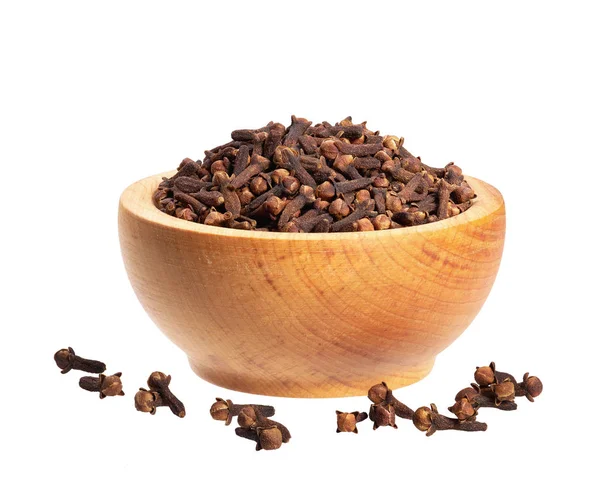 Cloves Wooden Bowl Isolated White Whole Cloves — Stock Photo, Image