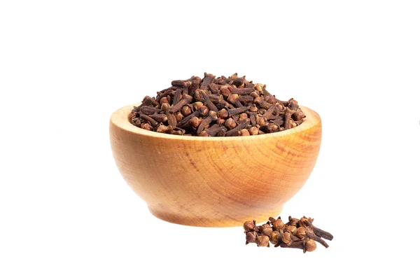 Cloves Wooden Bowl Isolated White Whole Cloves — Stock Photo, Image