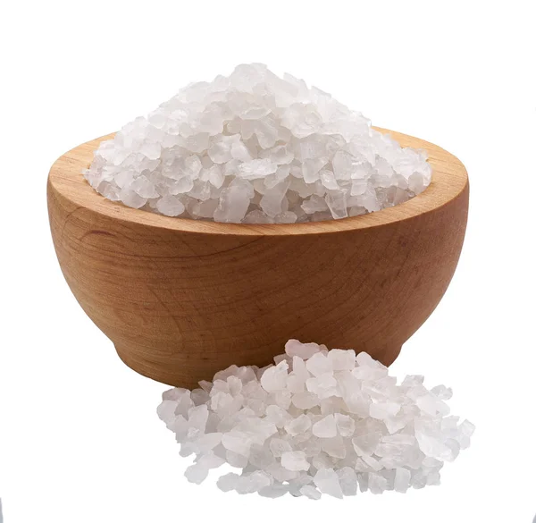 White Salt Crystals Wooden Bowl Isolated — Stock Photo, Image