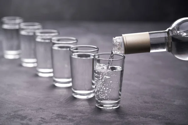 Pouring Vodka Glass Black Background Selective Focus — Stock Photo, Image