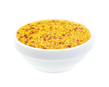 Mustard sauce, wholegrain mustard in bowl isolated on white background. Portion of mustard sauce.