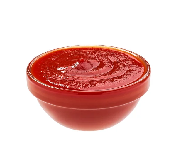 Pequeño Tazón Vidrio Salsa Roja Ketchup Aislado Sobre Fondo Blanco — Foto de Stock