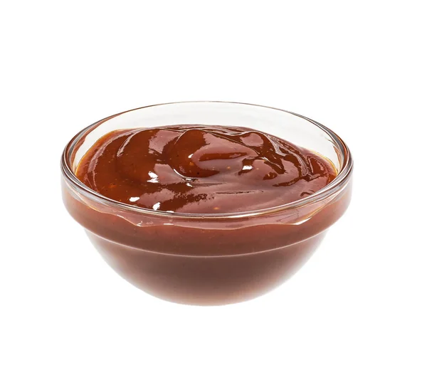 Petit Bol Verre Sauce Barbecue Isolé Sur Fond Blanc Sauce — Photo