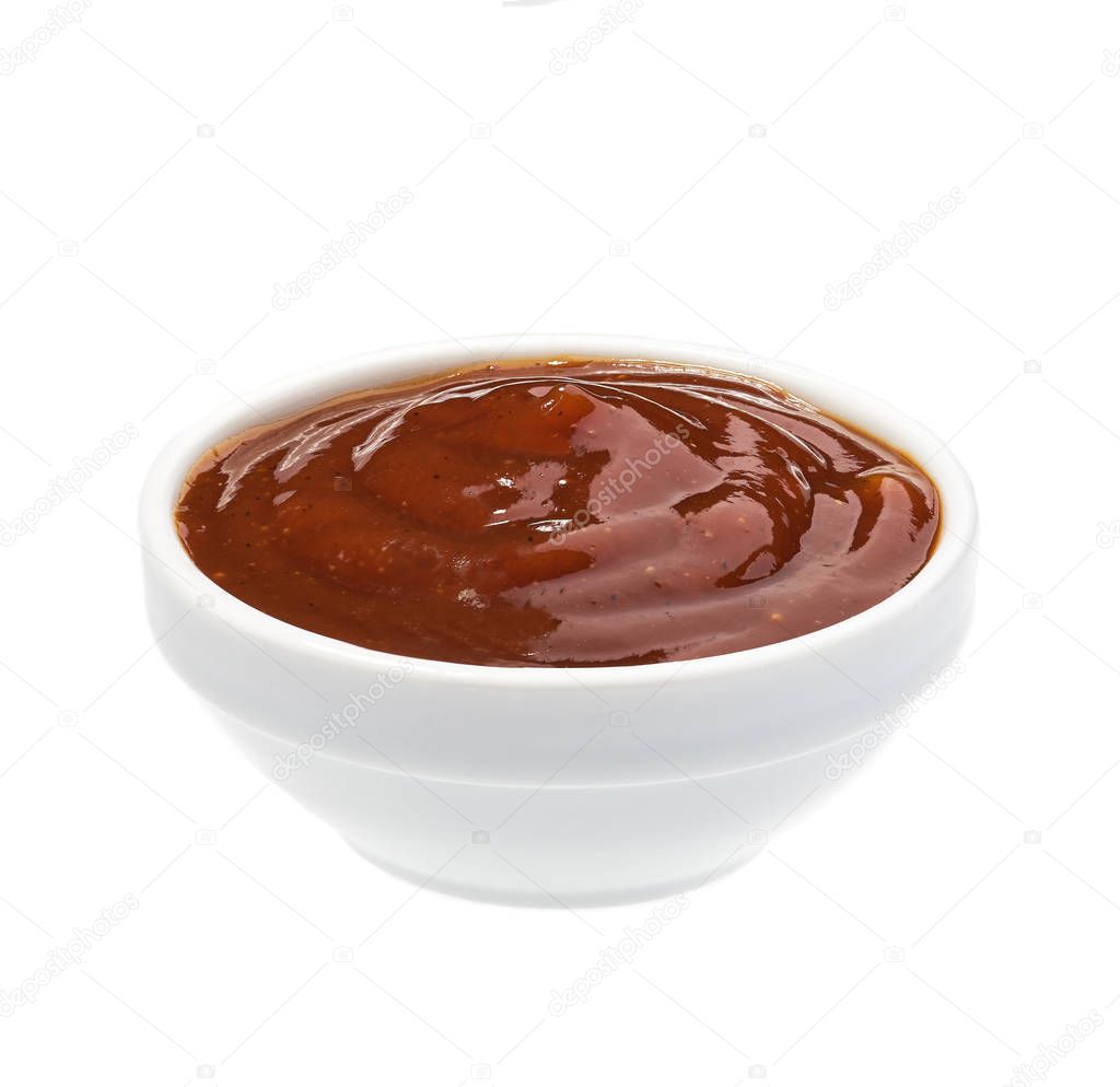 Barbecue sauce in bowl isolated on white background. Portion of Grill sauce