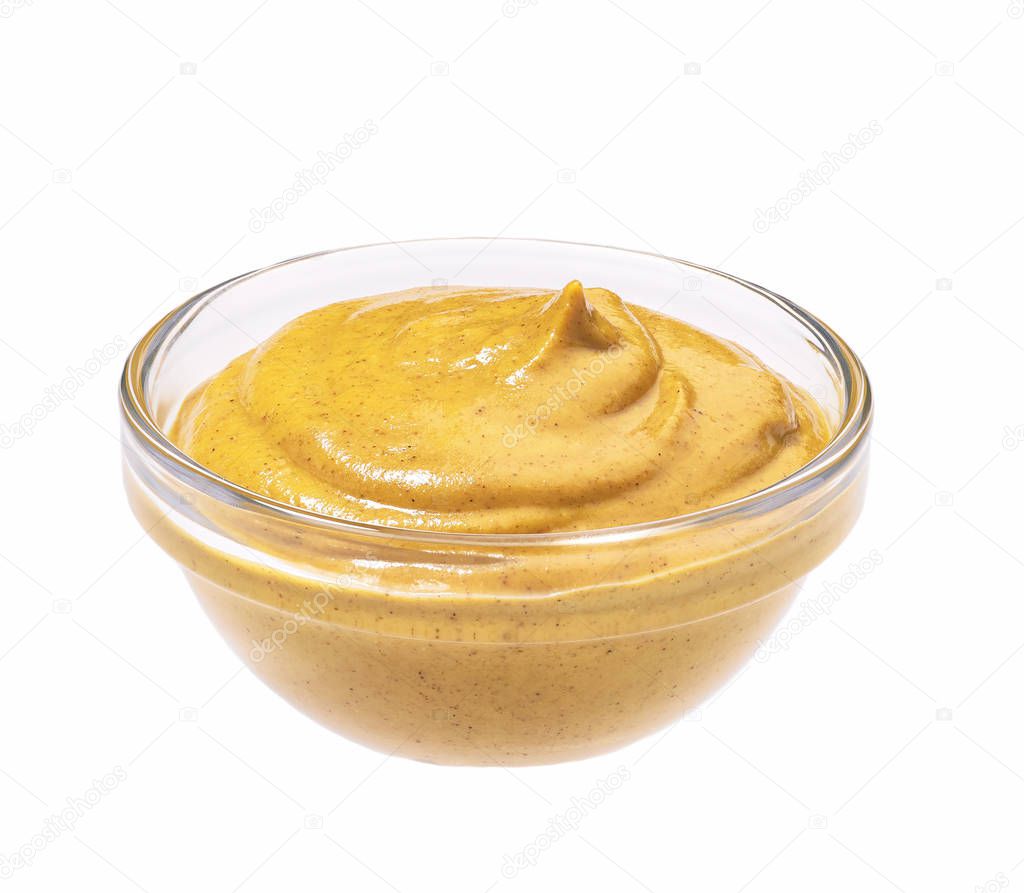 Small glass  bowl of mustard sauce, isolated on white background