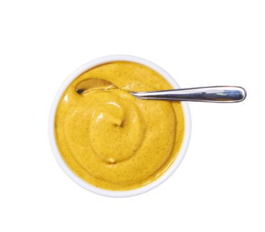 Mustard sauce in bowl isolated on white background. Portion of mustard sauce.