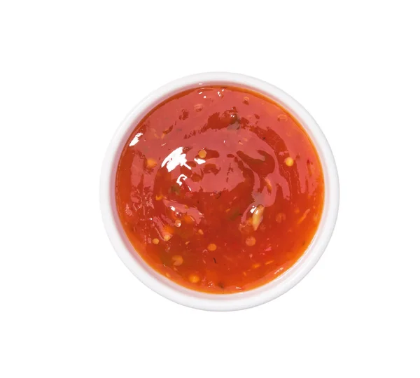 Sweet Chili Sauce Ceramic Bowl Isolated White Background Top View — Stock Photo, Image