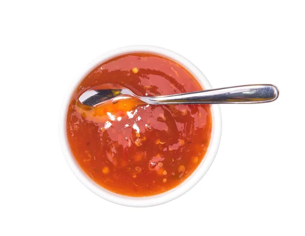 Salsa Chile Rojo Picante Tazón Cerámica Aislada Sobre Fondo Blanco —  Fotos de Stock