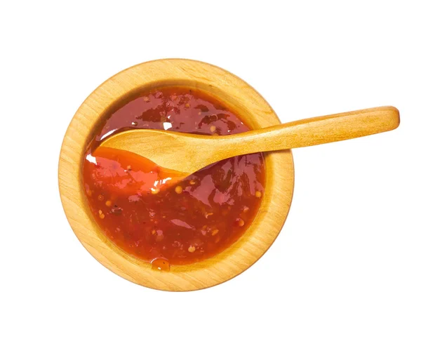 Sweet Chili Saus Houten Kom Geïsoleerd Een Witte Achtergrond Bovenaanzicht — Stockfoto