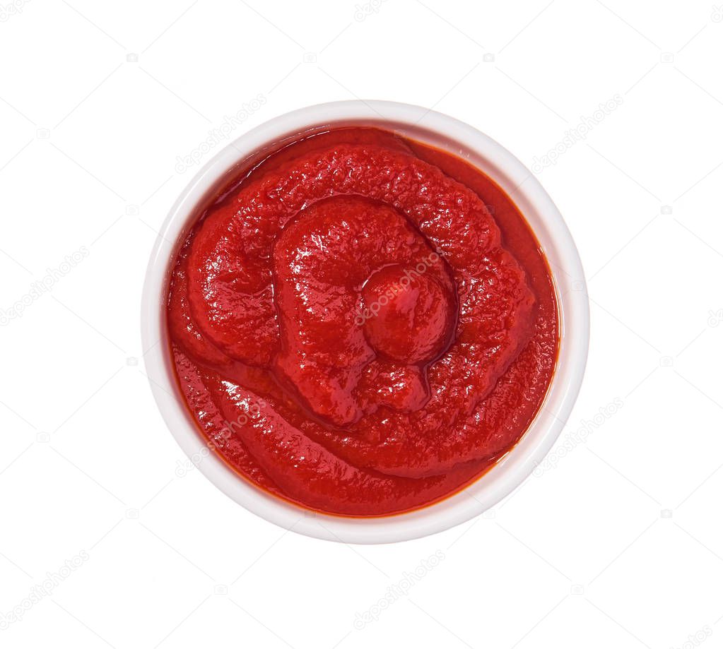 Ketchup in bowl isolated on white background. Portion of tomato sauce