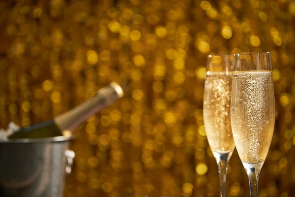 Two champagne glass on christmas bokeh background — Stock Photo, Image