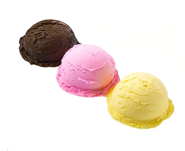 아이스크림, 브라운, 옐로우, 핑크의 세 가지 맛의 세 부분 흰색 배경에 고립 — 스톡 사진