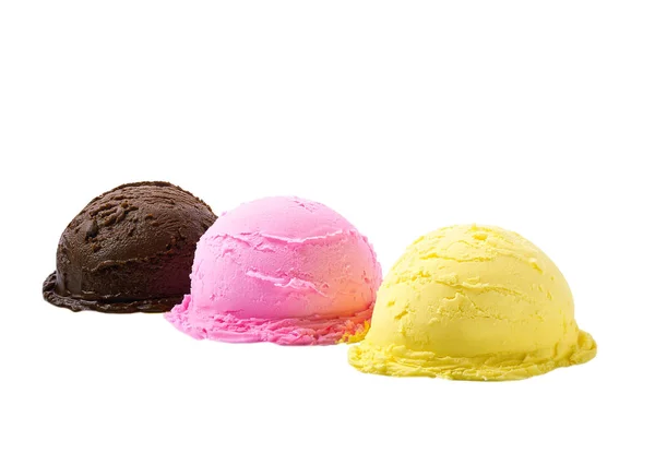 Três porções de diferentes sabores de sorvete, marrom, amarelo, rosa isolado no fundo branco — Fotografia de Stock