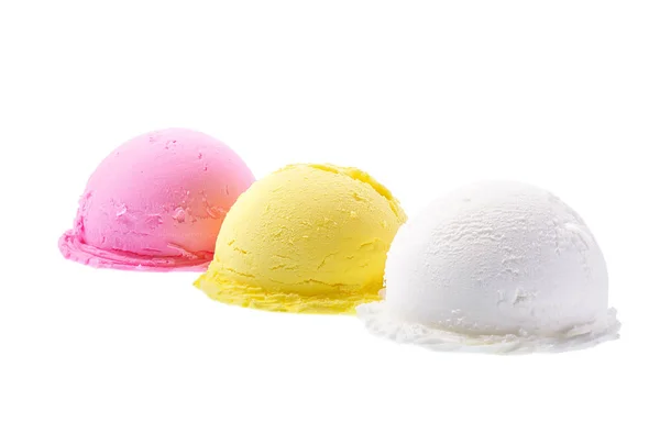 Três porções de diferentes sabores de sorvete, branco, amarelo, rosa isolado no fundo branco — Fotografia de Stock