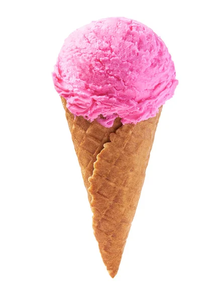 Helado rosa en cono de gofre aislado sobre fondo blanco — Foto de Stock