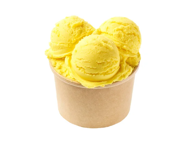 Yellow ice cream  in blank craft takeaway cup isolated, top view — Stock Photo, Image