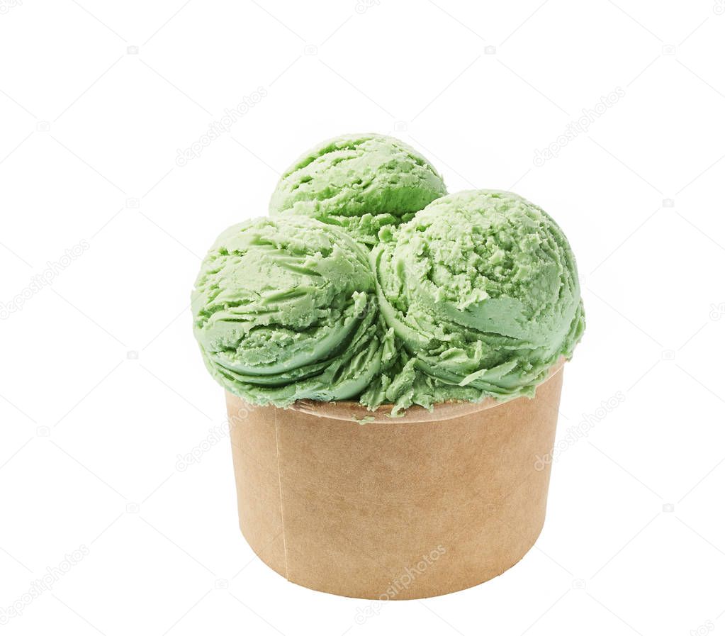 green ice cream  in blank craft takeaway cup isolated, top view