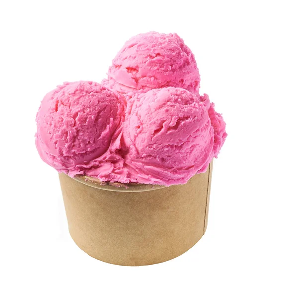 Pink ice cream  in blank craft takeaway cup isolated, top view — Stock Photo, Image
