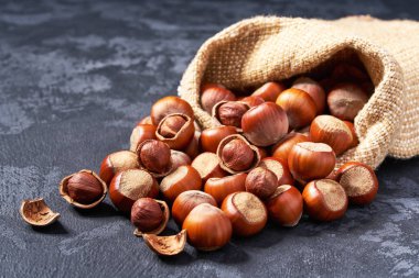 Kopya alanı ile siyah arka plan üzerinde çanta fındık.