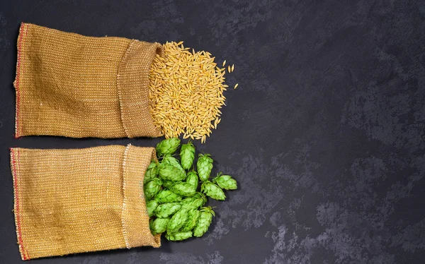 Organic ingredients  for making beer, wheat and hops on a black — Stock Photo, Image