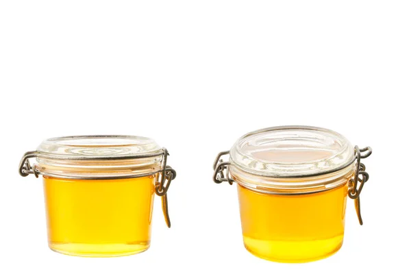 Burk Med Naturlig Honung Isolerad Vit Bakgrund Glasburk Full Med — Stockfoto
