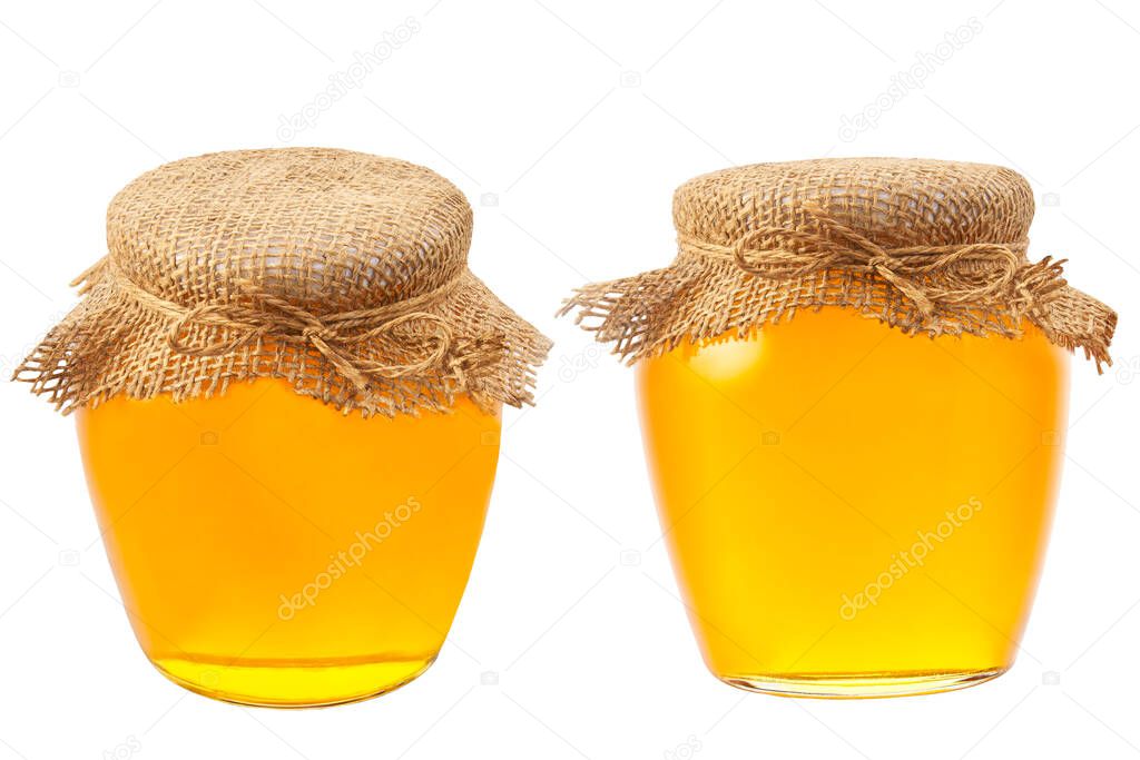 jar of natural honey isolated on white background.
