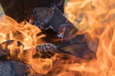 yanan odun. Şömine yakın çekim kırmızı sarı yangın. alevler. Arka plan ateş. Seçilen odak.