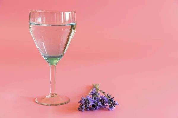Flowers and wine on a pink background. Romantic minimalism. copy space. A glass of wine and lavender flowers. Declaration of Love.
