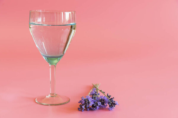 Flowers and wine on a pink background. Romantic minimalism. copy space. A glass of wine and lavender flowers. Declaration of Love.