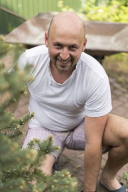 Bir adam bir Noel ağaç mı dikiyor. Adam çıplak elle ve bilim laboratuarı kabı ile Silty toprak yerdeki küçük Noel ağacı dikme. bahçede bir ağaç dikme bahçıvan