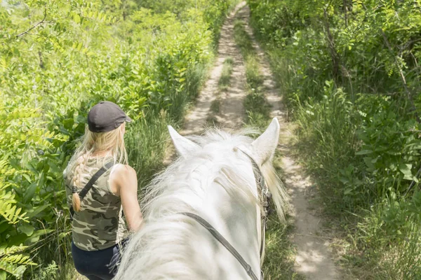 Woman Walking Her Horse Field View — Stock Photo, Image