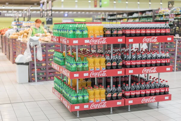 Kiev Ukraine July 2018 Pallets Coca Cola Fanta Sprite Supermarket — Stock Photo, Image