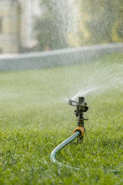 Gartenbewässerungssystem Das Rasen Wässert Rasenbewässerung Heißen Sommer Vertikales Foto — Stockfoto