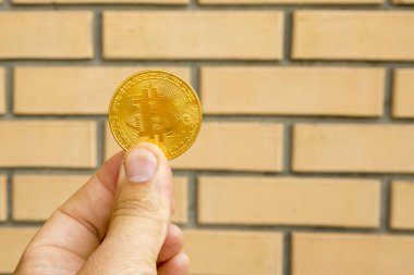 Bitcoin elinde tutan sarı tuğla arka planı.