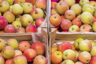 Grup kutuları süpermarkette üzerinde kırmızı ve yeşil elma. Çiftçi pazarda elma. Bir bakkal taze elma kutularıyla