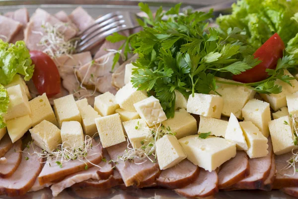 Cold Meats Cheese Slices Emmental Cheese Italian Baked Ham Tray — Stock Photo, Image