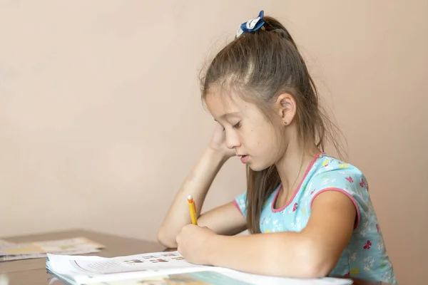 Girl Long Hair Doing Homework Little School Girl Wearing Overall — Stock Photo, Image
