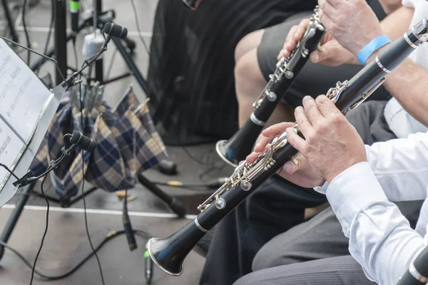 Άνδρες Παίζουν Κλαρίνο Στην Ορχήστρα Άνθρωποι Παίζουν Πνευστά — Φωτογραφία Αρχείου